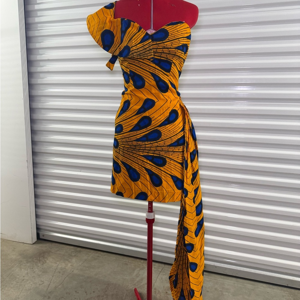 African Print One-Shoulder Yellow & Blue Short Dress